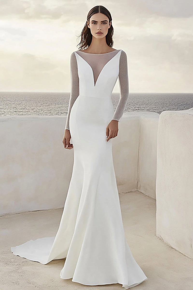 Load image into Gallery viewer, Mermaid Satin Illusion Ivory Wedding Dress With Long Sleeves