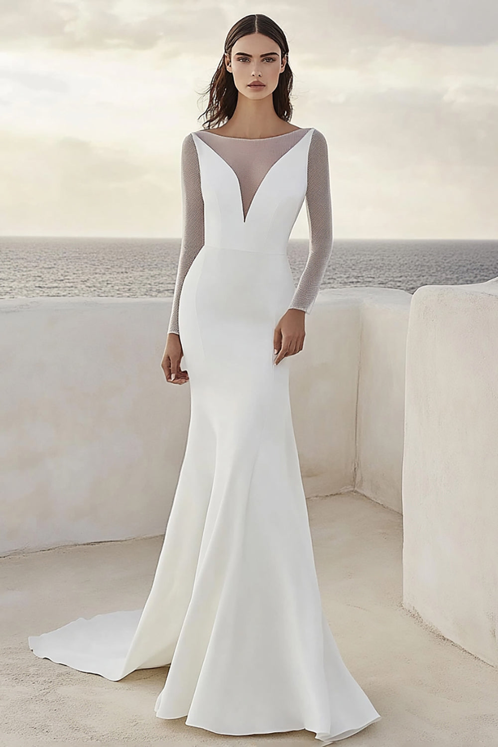 Mermaid Satin Illusion Ivory Wedding Dress With Long Sleeves