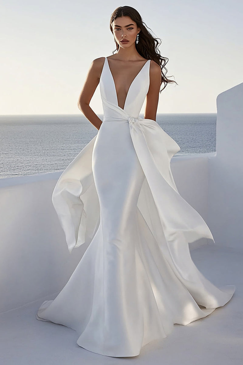 Load image into Gallery viewer, Ivory Mermaid V Neck Satin Wedding Dress With Sash