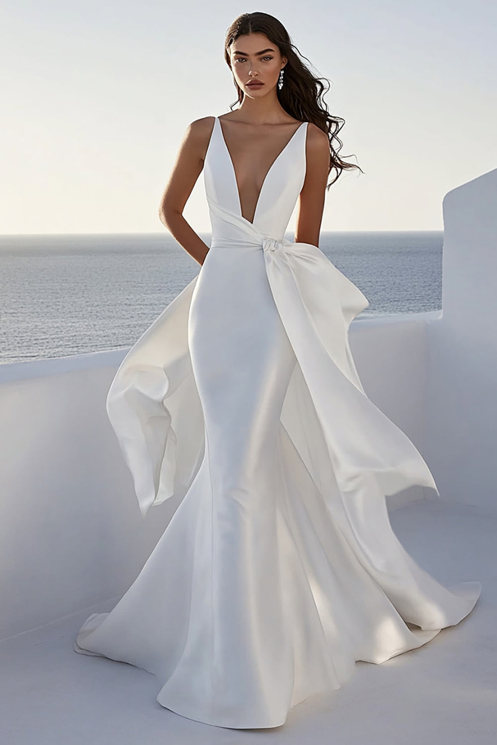 Ivory Mermaid V Neck Satin Wedding Dress With Sash