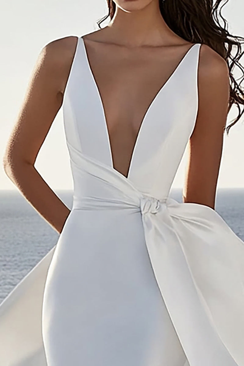 Load image into Gallery viewer, Ivory Mermaid V Neck Satin Wedding Dress With Sash