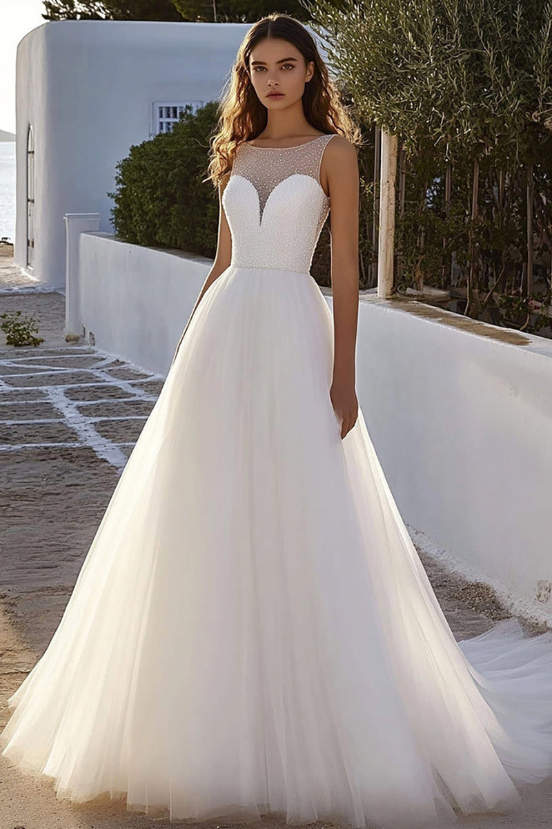 Load image into Gallery viewer, Glitter Ivory A Line Illusion Tulle Wedding Dress