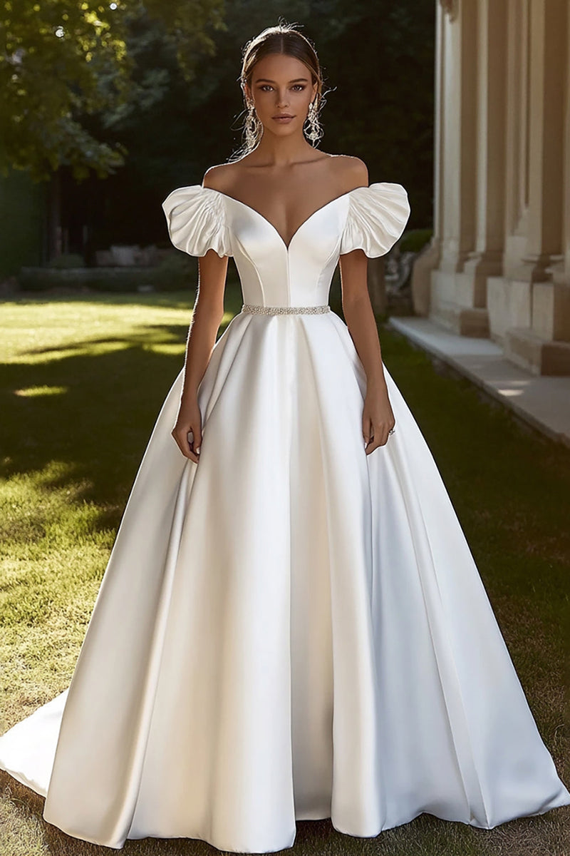 Load image into Gallery viewer, Ivory Satin A Line Off the Shoulder Wedding Dress