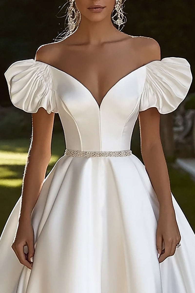 Load image into Gallery viewer, Ivory Satin A Line Off the Shoulder Wedding Dress