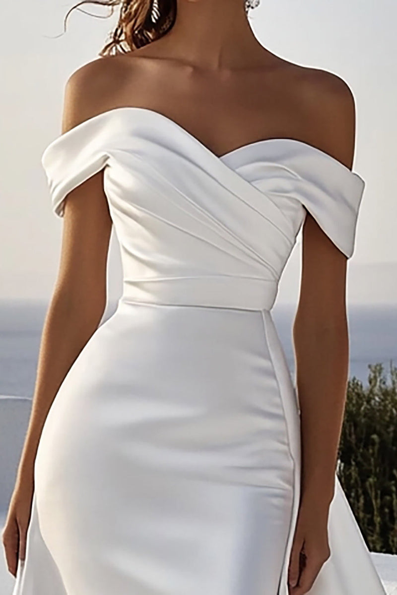 Load image into Gallery viewer, Satin Off the Shoulder Ivory Wedding Dress with Sash