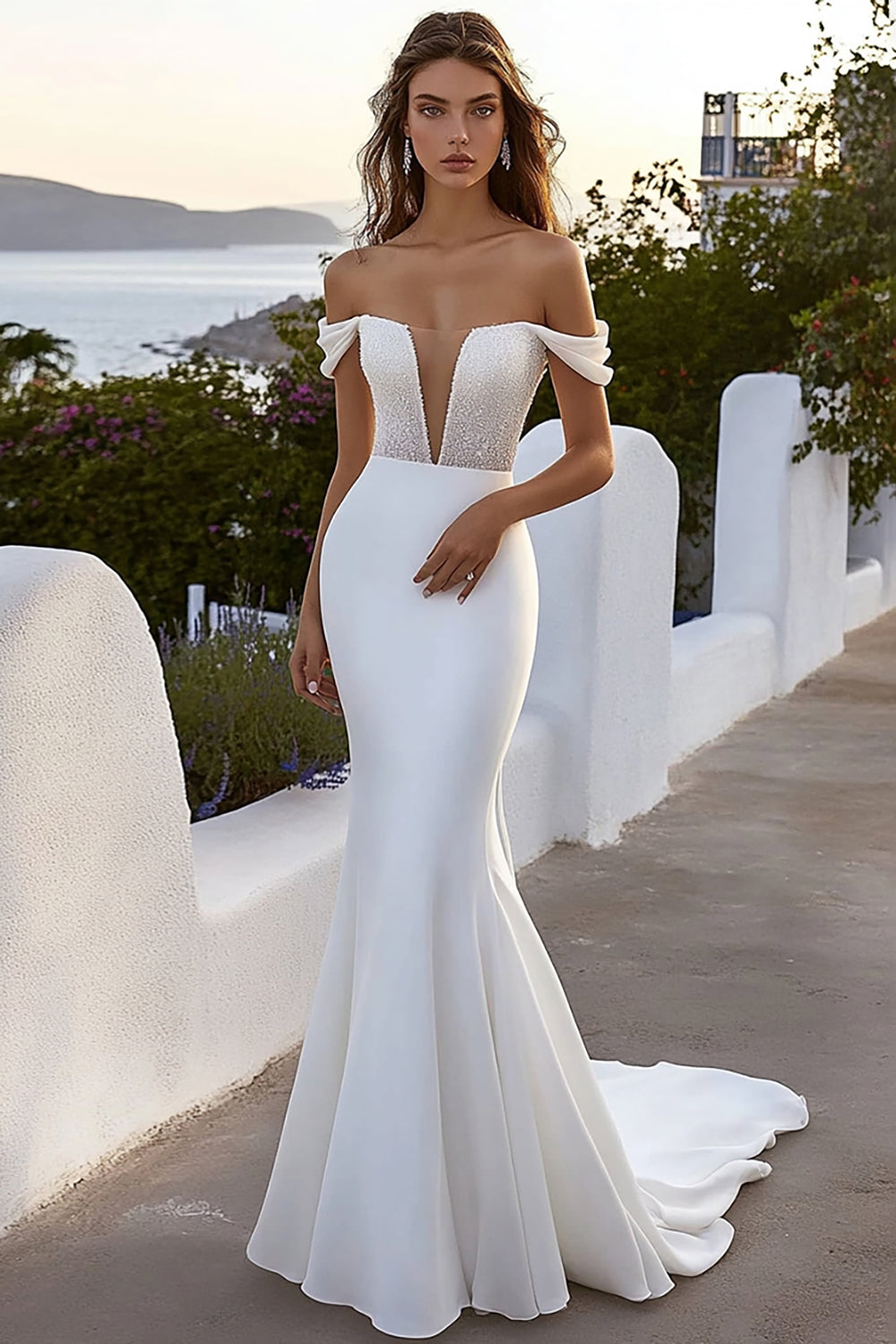 Ivory Off The Shoulder Mermaid Wedding Dress with Sequins