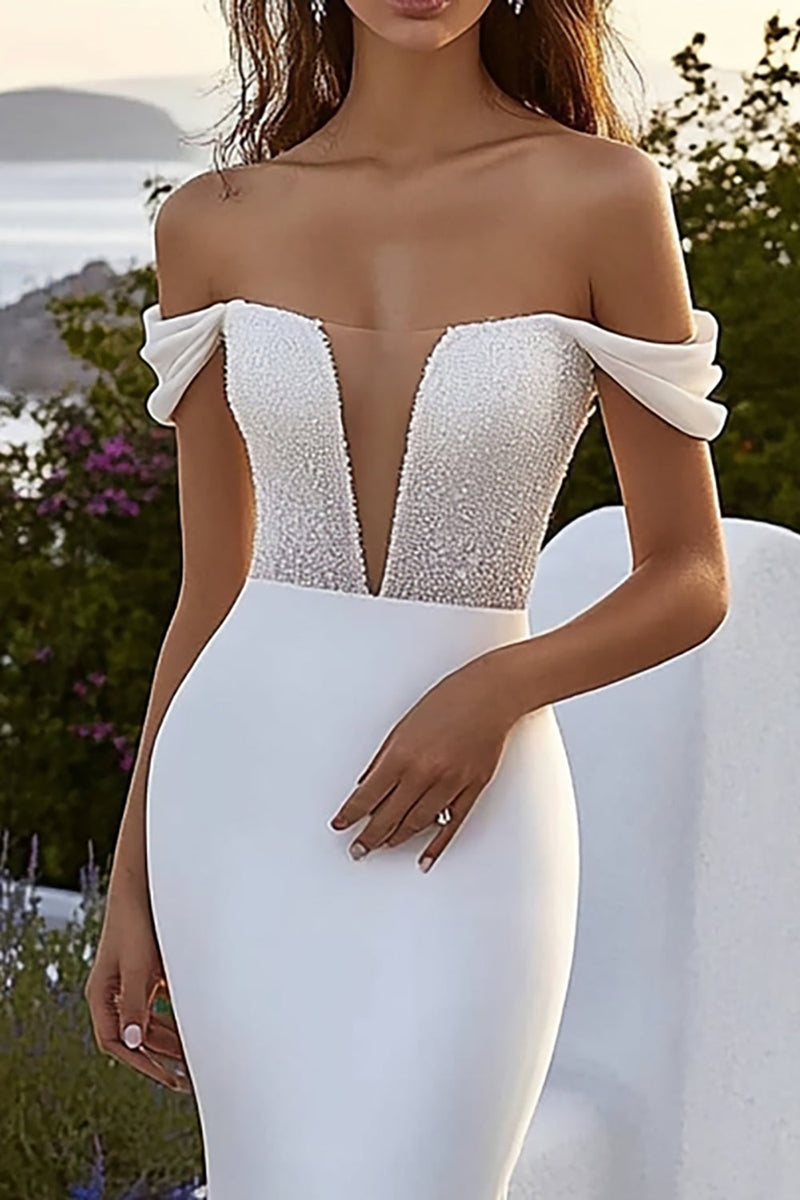 Load image into Gallery viewer, Ivory Off The Shoulder Mermaid Wedding Dress with Sequins