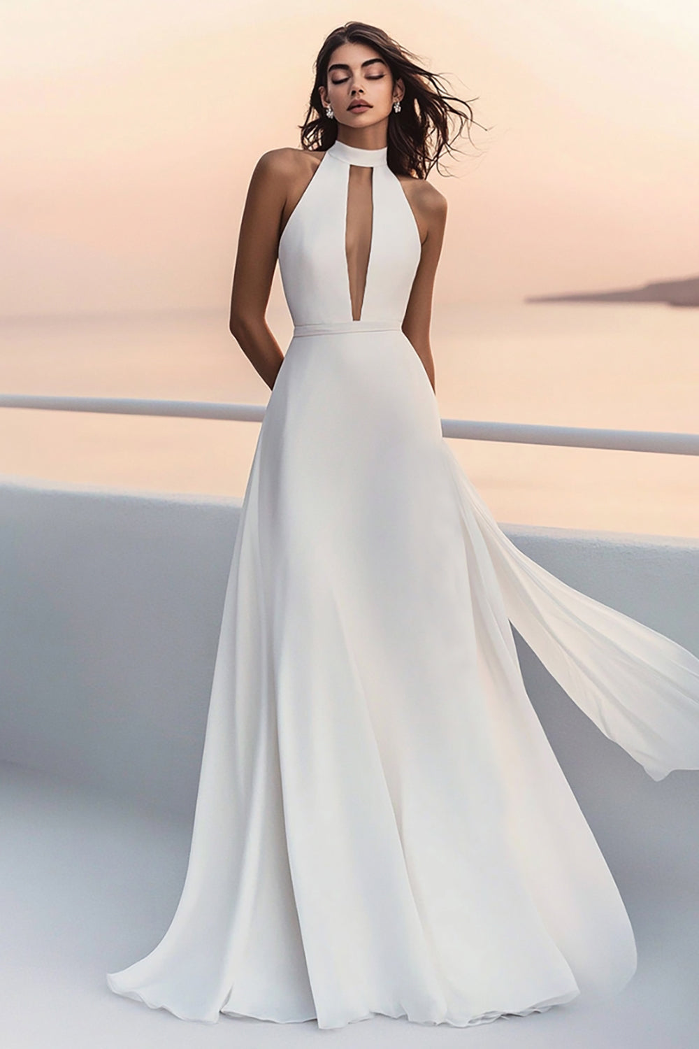 Ivory Hlater Keyhole A Line Wedding Dress with Streamer