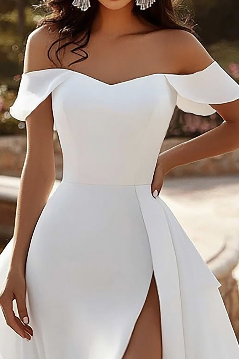Load image into Gallery viewer, Ivory A-Line Satin Ruffled Off The Shoulder Long Bridal Dress With Slit