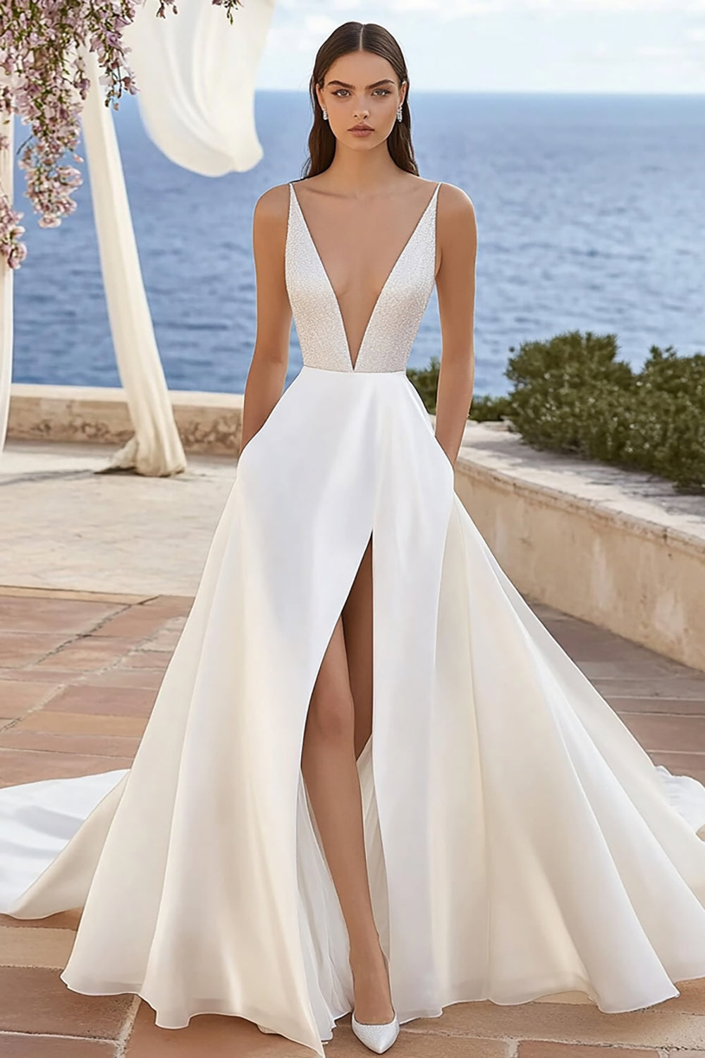 Deep V Neck Iovry Sequins A Line Wedding Dress with Slit
