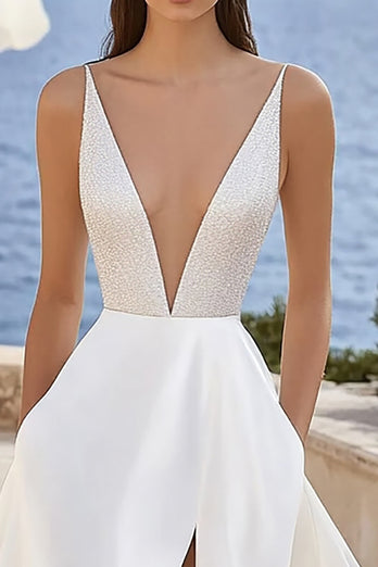 Deep V Neck Iovry Sequins A Line Wedding Dress with Slit