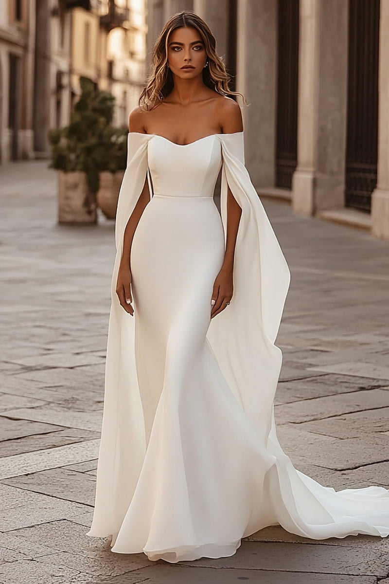 Load image into Gallery viewer, Ivory Off the Shoulder Mermaid Wedding Dress with Cape Sleeves
