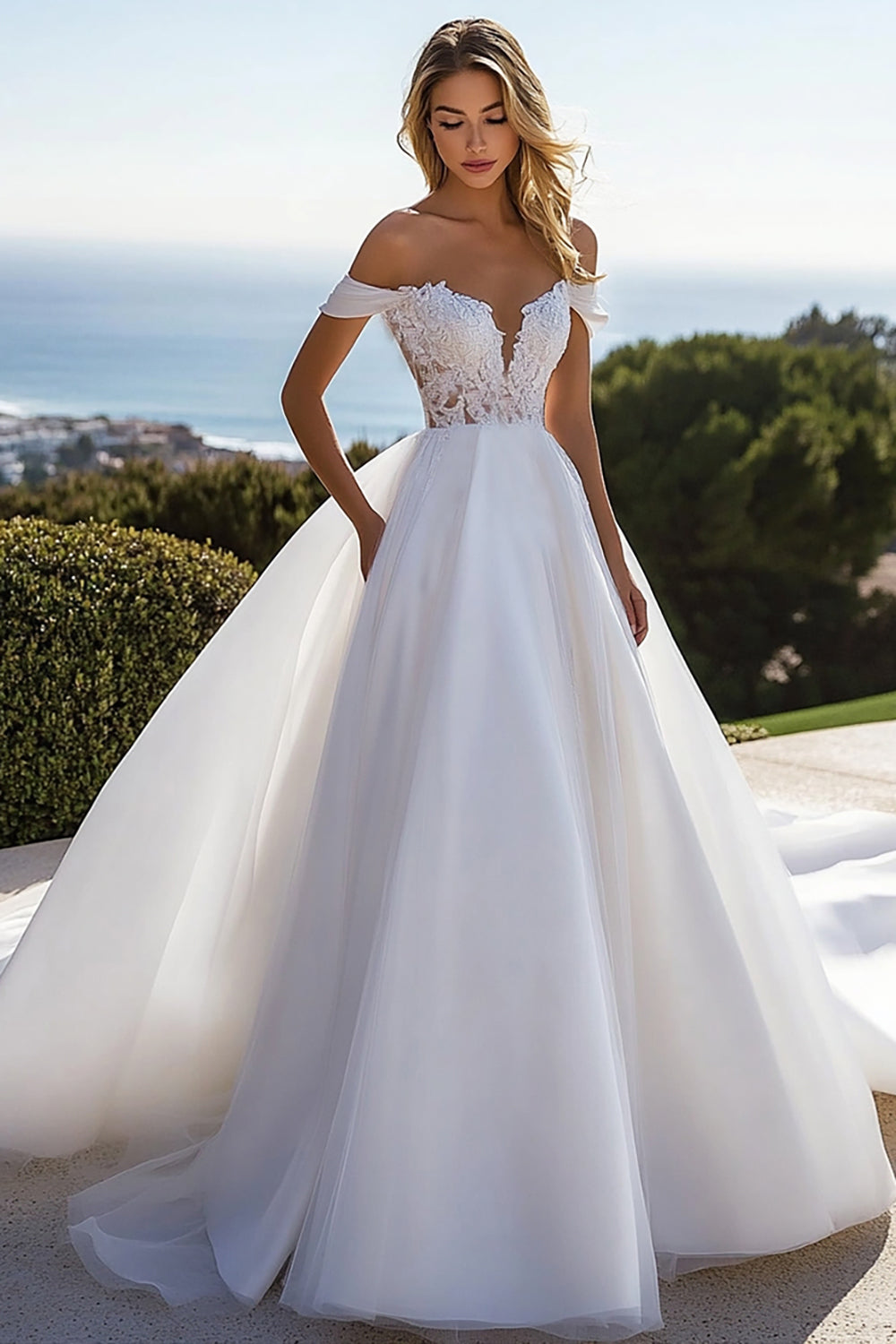 Off the Shoulder Organza Lace A Line Wedding Dress