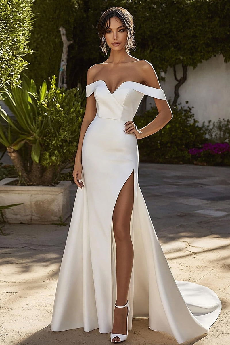 Load image into Gallery viewer, Ivory Off the Shoulder Mermaid Satin Wedding Dress with Slit