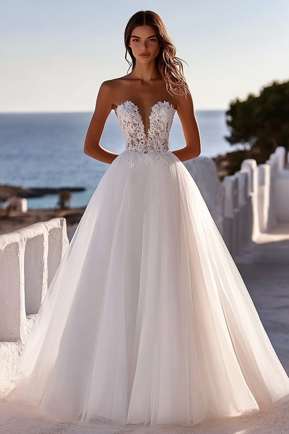 Ivory Lace A Line Tulle Strapless Wedding Dress