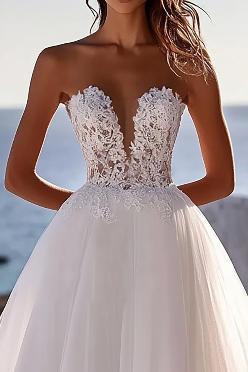 Load image into Gallery viewer, Ivory Lace A Line Tulle Strapless Wedding Dress