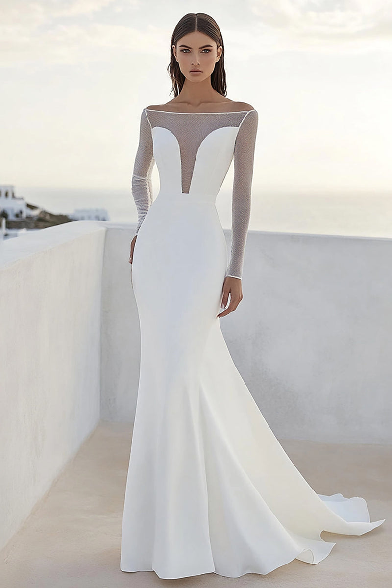 Load image into Gallery viewer, Ivory Bateau Neck Matte Satin Mermaid Wedding Dress With Long Sleeves