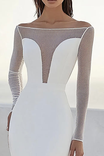 Ivory Bateau Neck Matte Satin Mermaid Wedding Dress With Long Sleeves