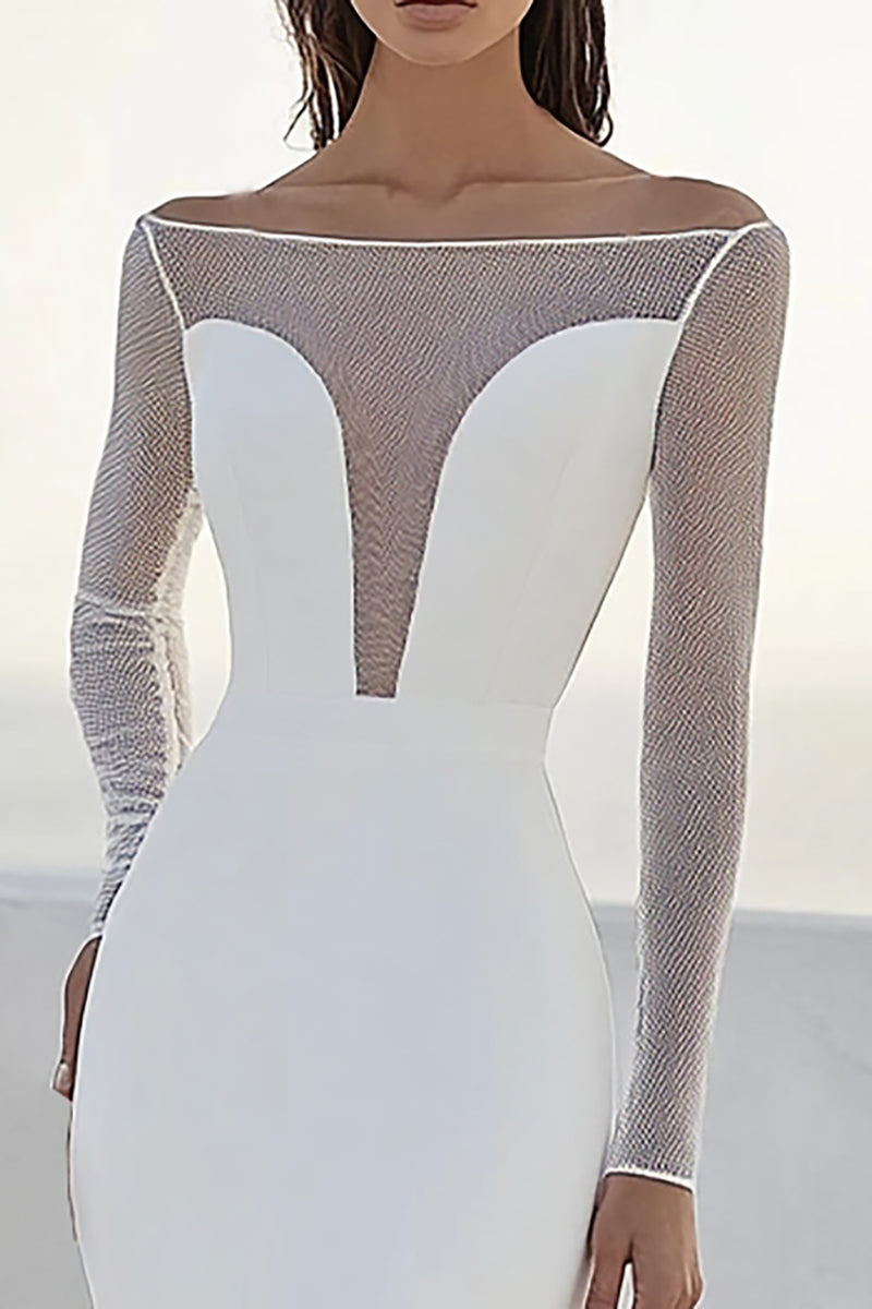 Load image into Gallery viewer, Ivory Bateau Neck Matte Satin Mermaid Wedding Dress With Long Sleeves