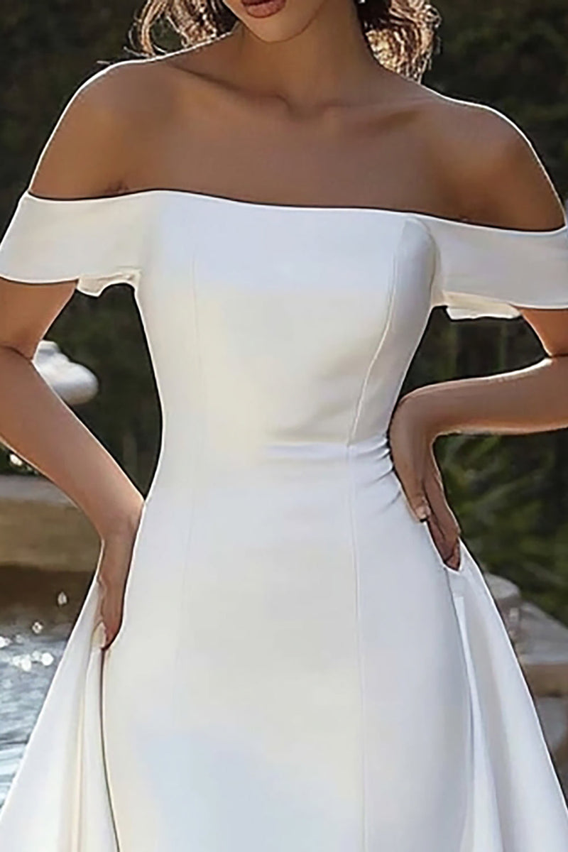 Load image into Gallery viewer, Ivory Off the Shoulder High-Low Wedding Dress with Draped Train