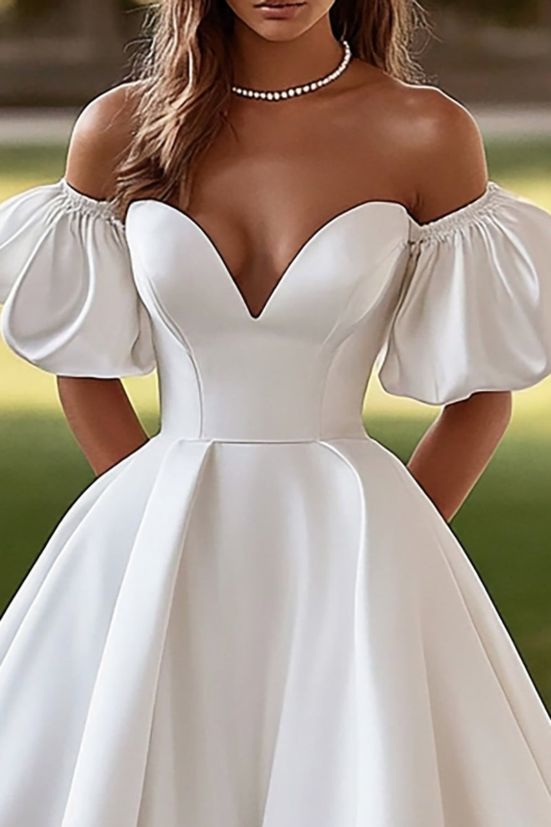 Load image into Gallery viewer, Off The Shoulder Satin Ivory A Line Wedding Dress With Slit