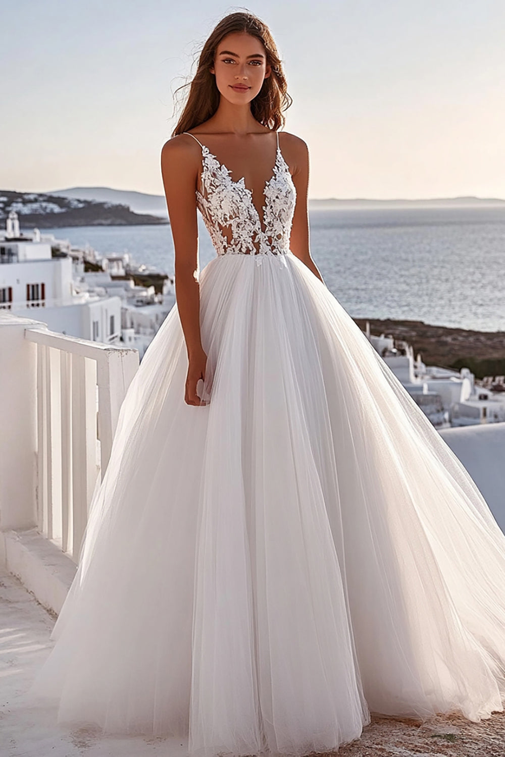Spaghetti Straps A Line Lace Ivory Tulle Pleated Wedding Dress