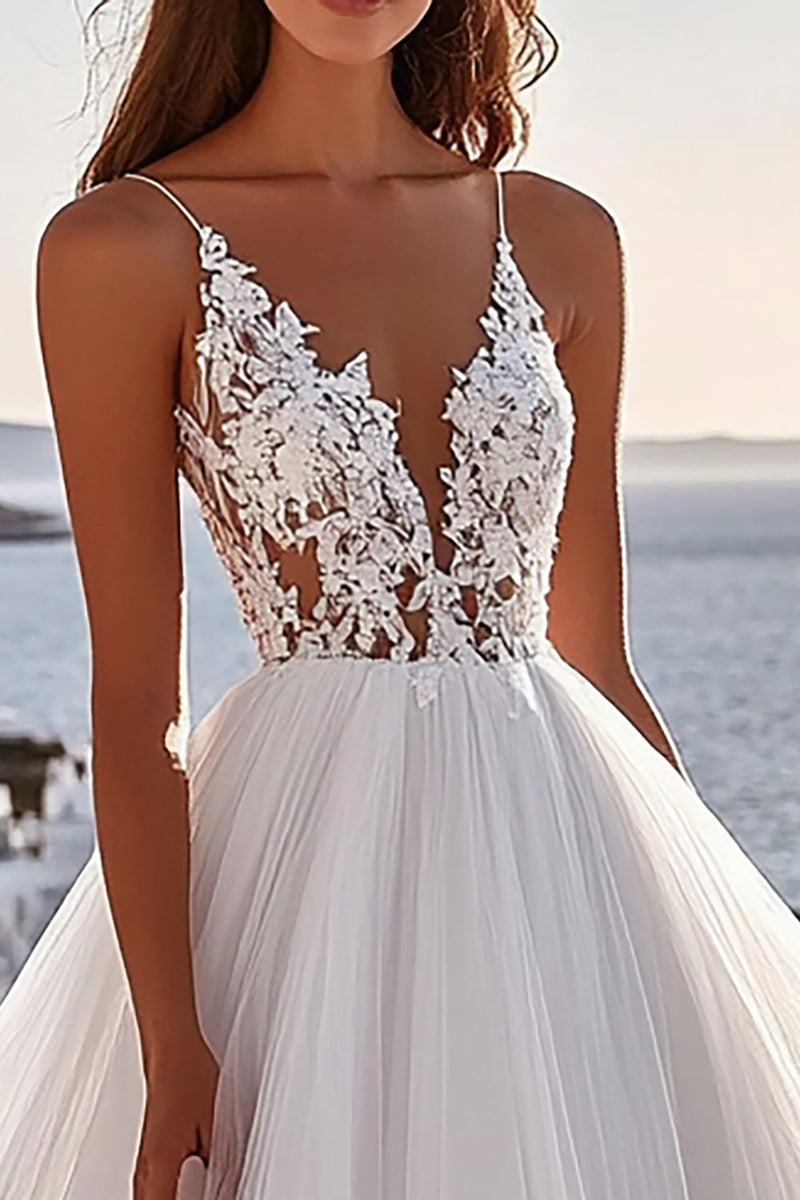 Load image into Gallery viewer, Spaghetti Straps A Line Lace Ivory Tulle Pleated Wedding Dress