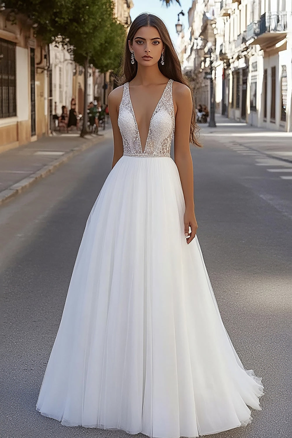 Deep V Neck Lace Tulle Ivory A Line Wedding Dress