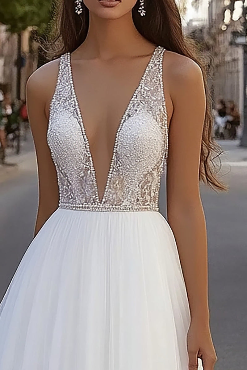 Load image into Gallery viewer, Deep V Neck Lace Tulle Ivory A Line Wedding Dress
