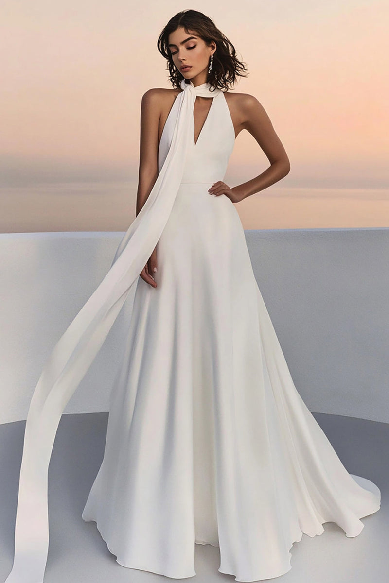 Load image into Gallery viewer, Halter A Line Ivory Chiffon Wedding Dress