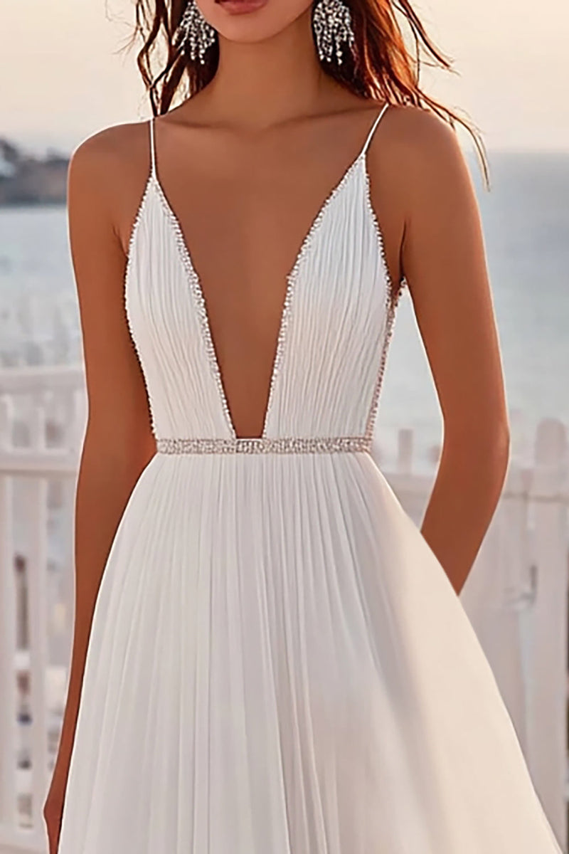 Load image into Gallery viewer, Chiffon A Line Spaghetti Straps Ivory Wedding Dress