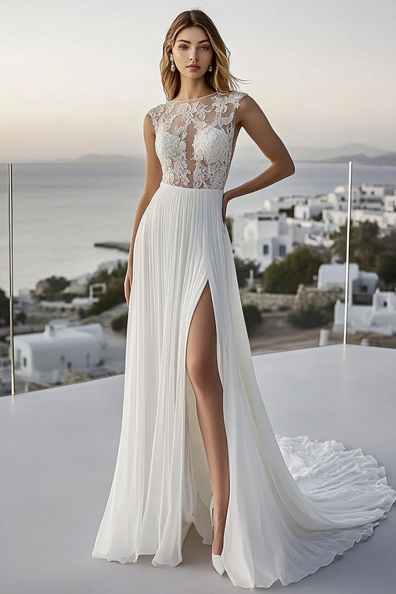 Load image into Gallery viewer, Chiffon Lace Ivory Pleated A Line Wedding Dress with Slit