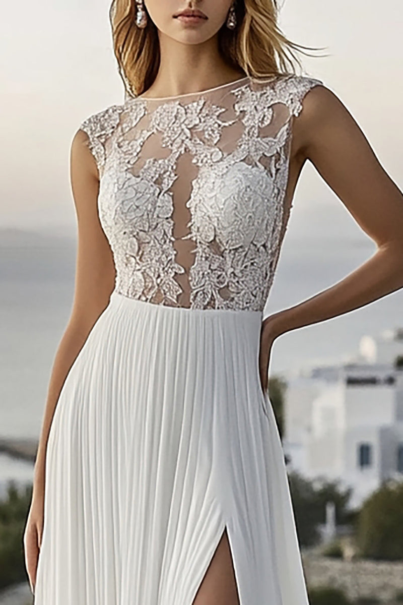 Load image into Gallery viewer, Chiffon Lace Ivory Pleated A Line Wedding Dress with Slit