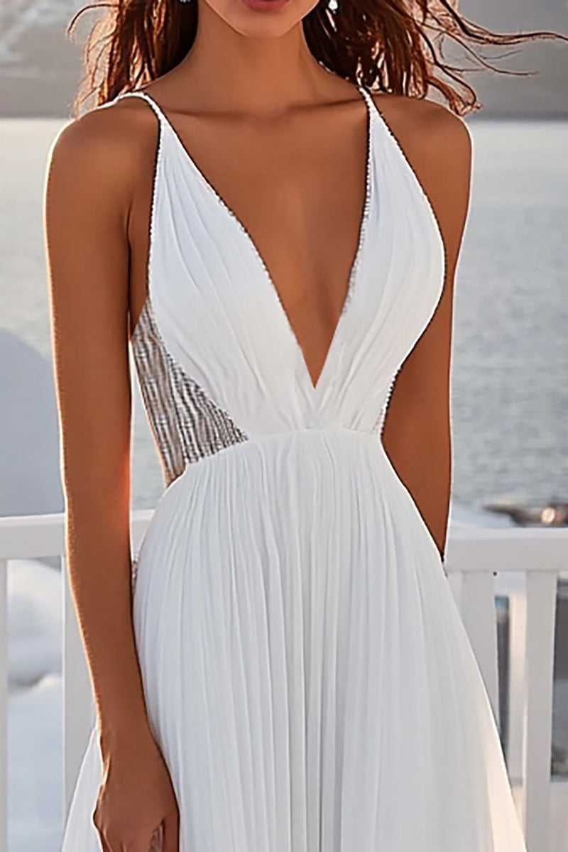 Load image into Gallery viewer, Spaghetti Straps A Line Chiffon Pleated Ivory Wedding Dress