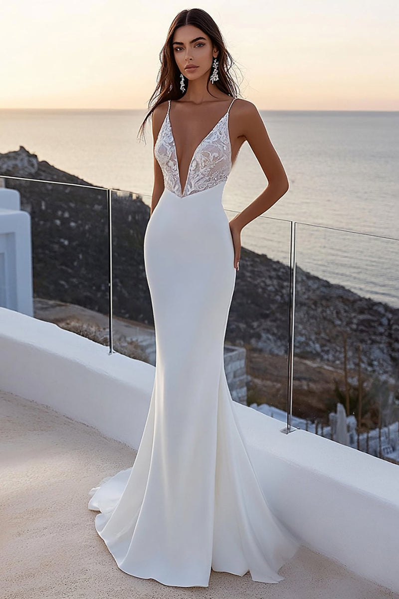 Load image into Gallery viewer, Spaghetti Straps Mermaid Ivory Satin Lace Wedding Dress