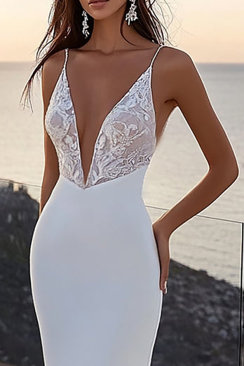 Spaghetti Straps Mermaid Ivory Satin Lace Wedding Dress