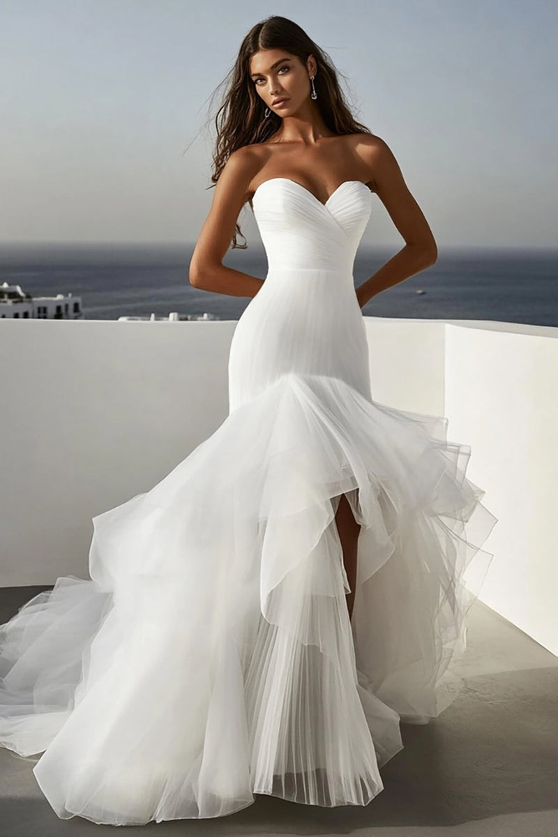 Load image into Gallery viewer, Mermaid Tulle Ivory Ruffled Strapless Wedding Dress