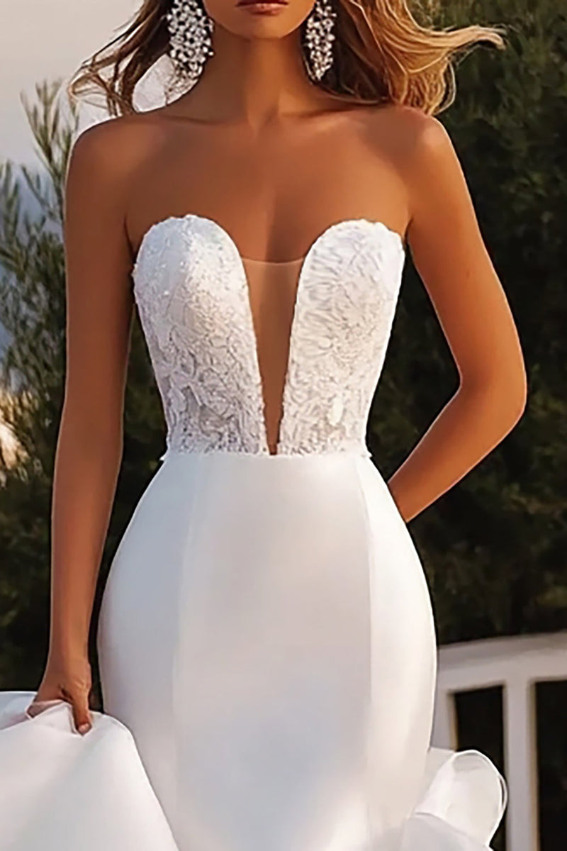 Load image into Gallery viewer, Mermaid Strapless Ruffled Organza Lace Ivory Wedding Dress