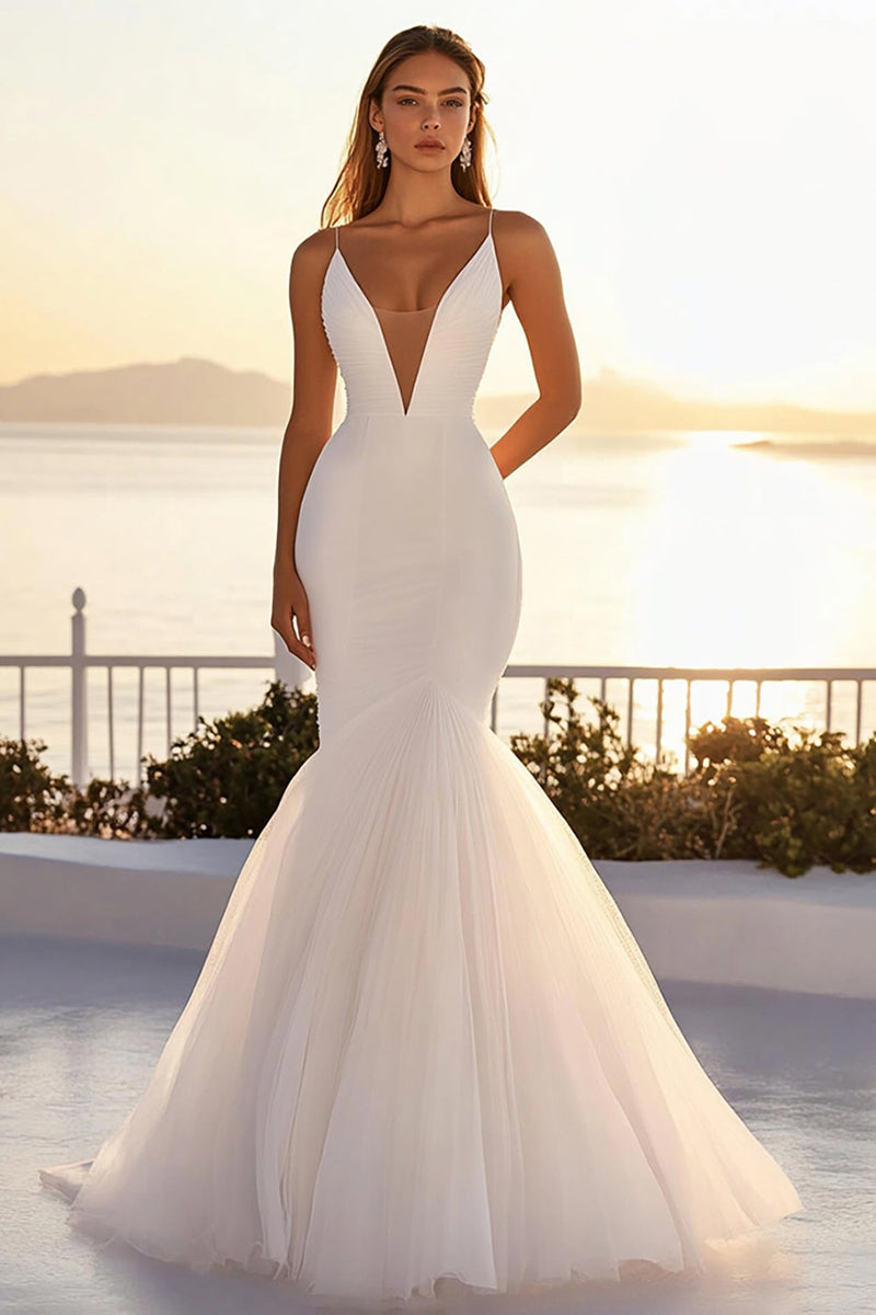 Load image into Gallery viewer, Ivory Tulle Spaghetti Straps Mermaid Wedding Dress