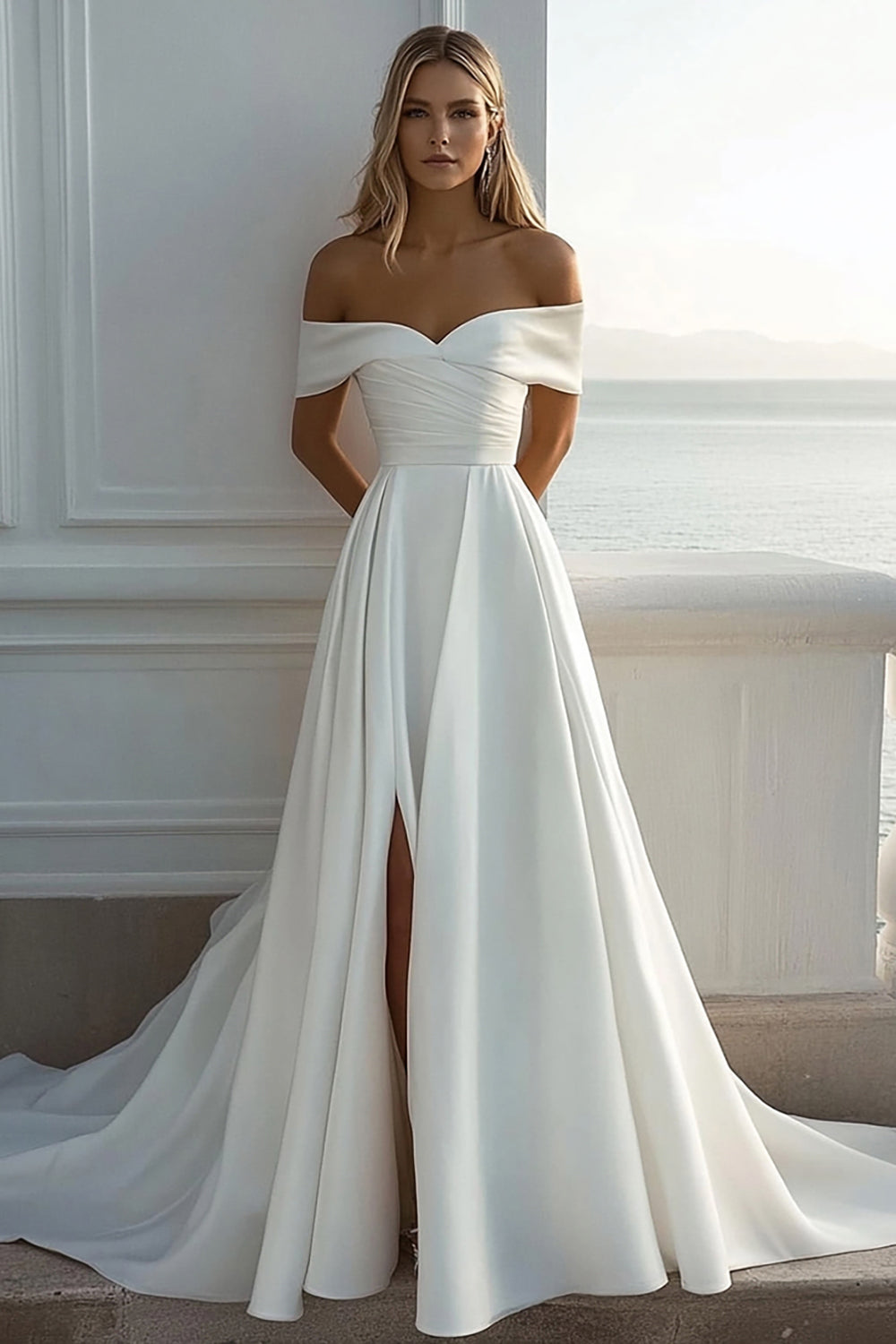 Off The Shoulder A Line Ivory Satin Wedding Dress With Slit
