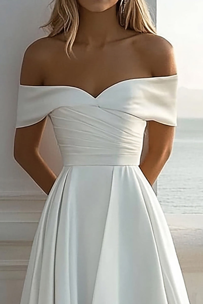 Load image into Gallery viewer, Off The Shoulder A Line Ivory Satin Wedding Dress With Slit