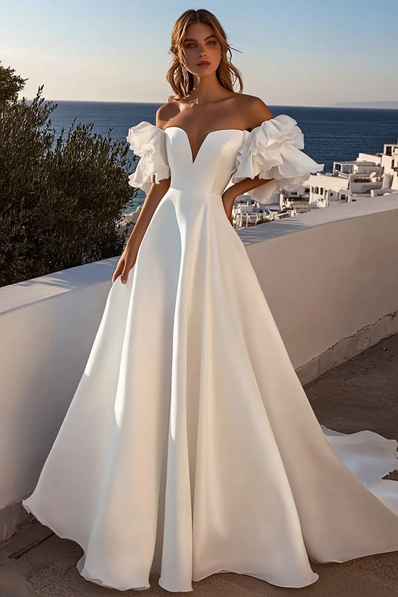 Load image into Gallery viewer, Ivory Off The Shoulder Ruffled Satin A Line Wedding Dress