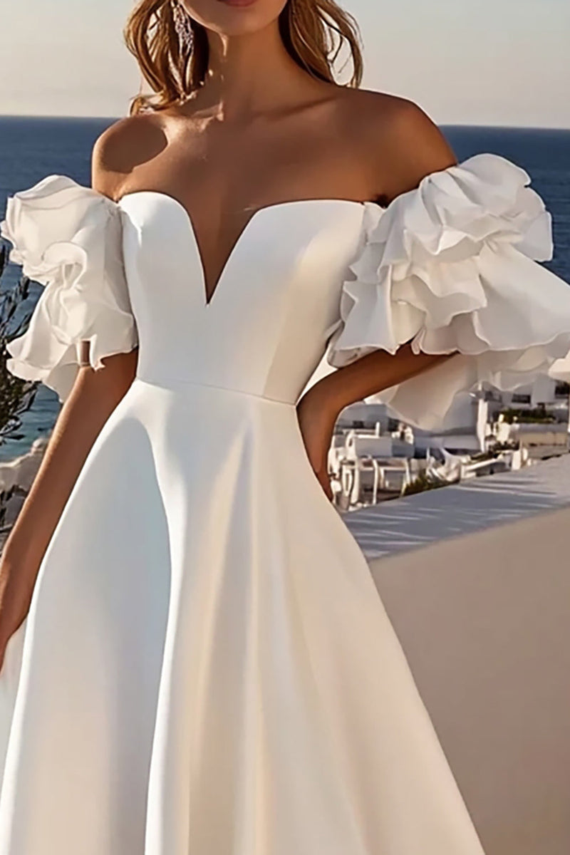 Load image into Gallery viewer, Ivory Off The Shoulder Ruffled Satin A Line Wedding Dress