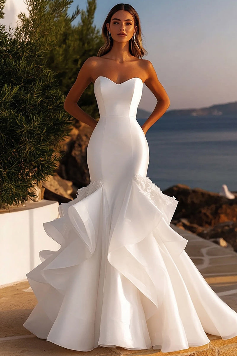 Load image into Gallery viewer, Organza Mermaid Ivory Strapless Satin Wedding Dress