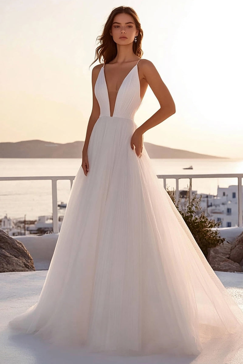 Load image into Gallery viewer, Tulle A Line Pleated Deep V Neck Ivory Wedding Dress
