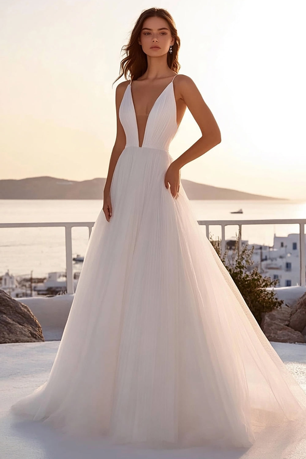 Tulle A Line Pleated Deep V Neck Ivory Wedding Dress