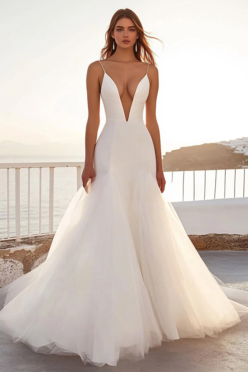 Load image into Gallery viewer, Spaghetti Strapless Mermaid Ivory Tulle Wedding Dress