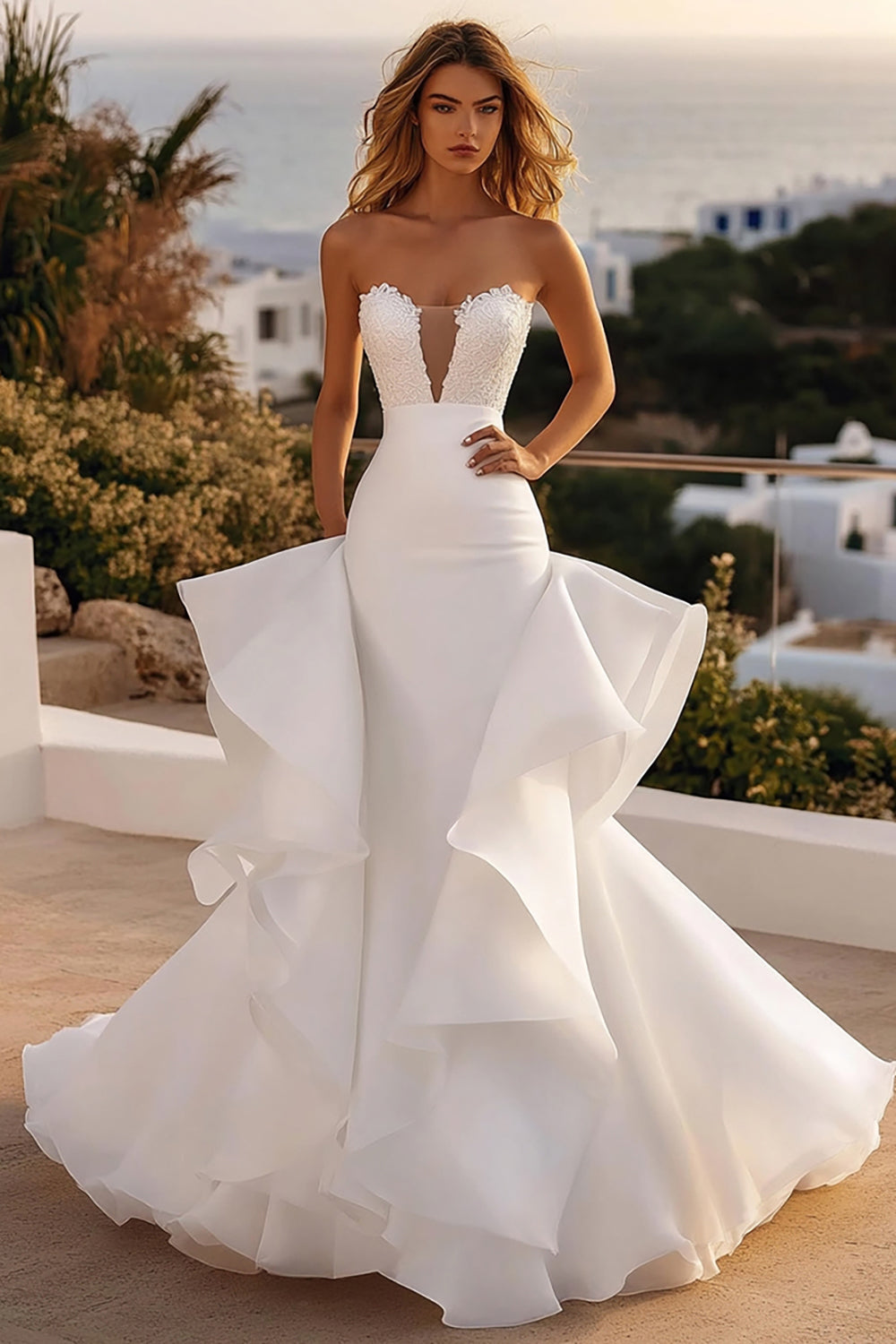Strapless Mermaid Ivory Organza Lace Wedding Dress