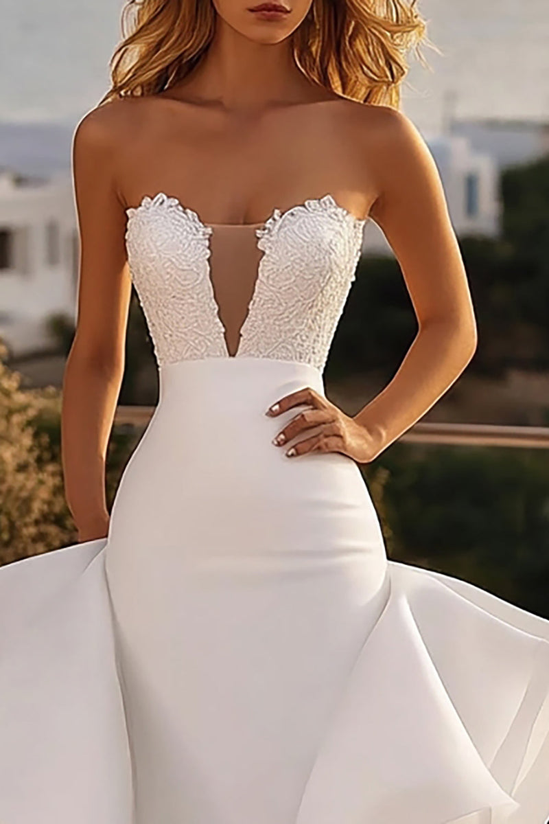 Load image into Gallery viewer, Strapless Mermaid Ivory Organza Lace Wedding Dress