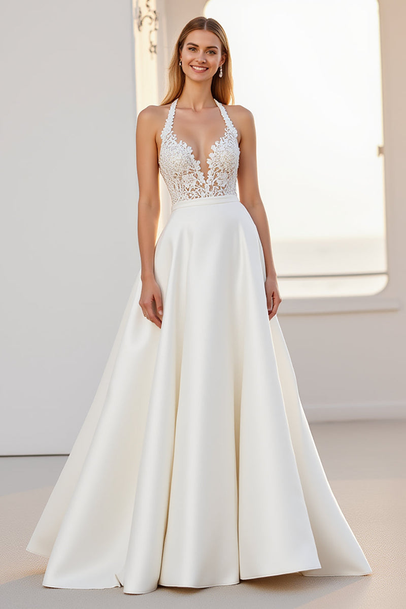Load image into Gallery viewer, Halter Lace A Line Ivory Satin Wedding Dress